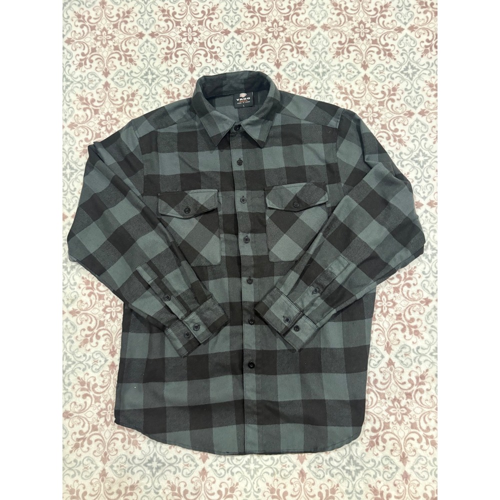 Yago Mens Grey Black Buffalo Plaid Flannel Button Up Shirt Large